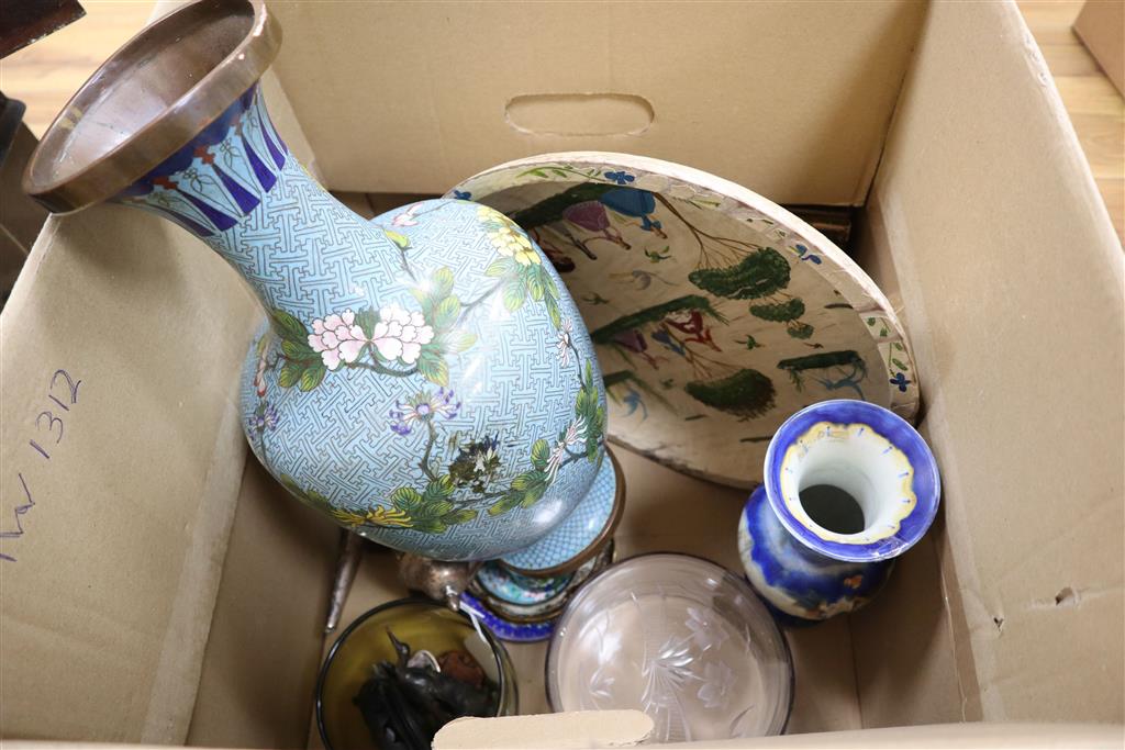 Miscellaneous English glass and ceramics, a Japanese cloisonne vase, books, pictures and silver plate